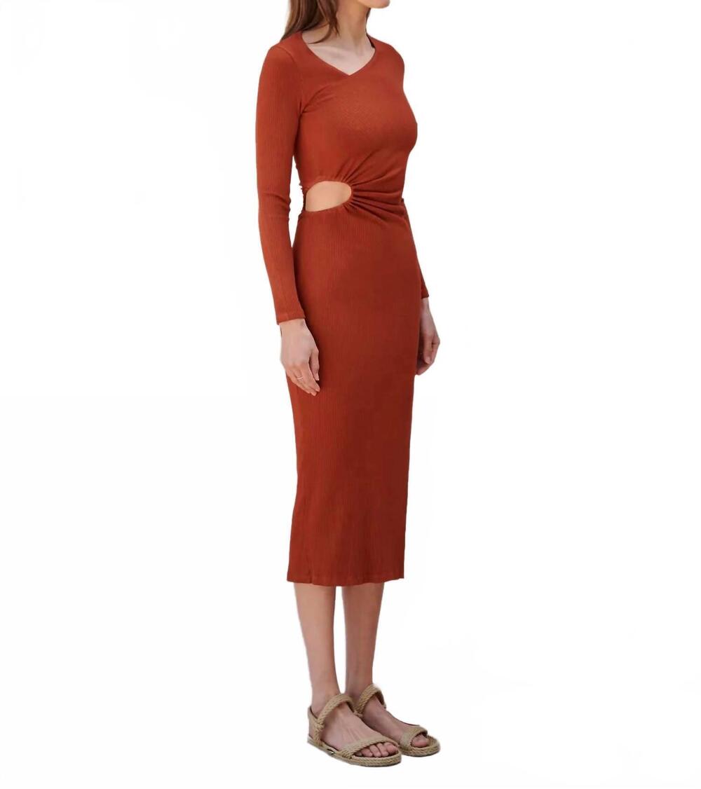 NEW SUNDRY long sleeve shirred side cutout dress in tandoori